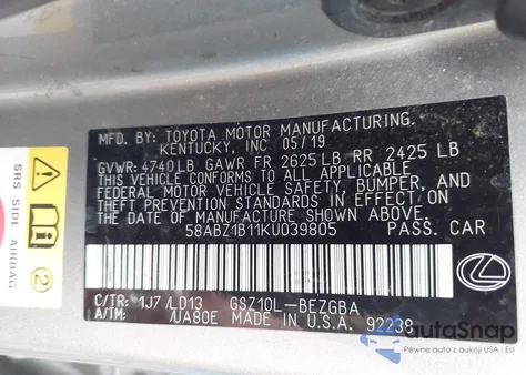 2019 Lexus Es 350 from USA, damaged, VIN 58ABZ1B11KU039805